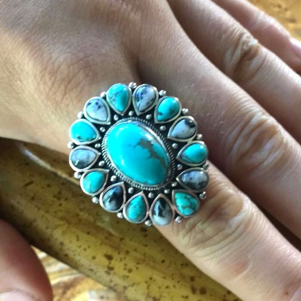 White Buffalo Blue Turquoise Sterling Silver Cocktail Ring Size 9